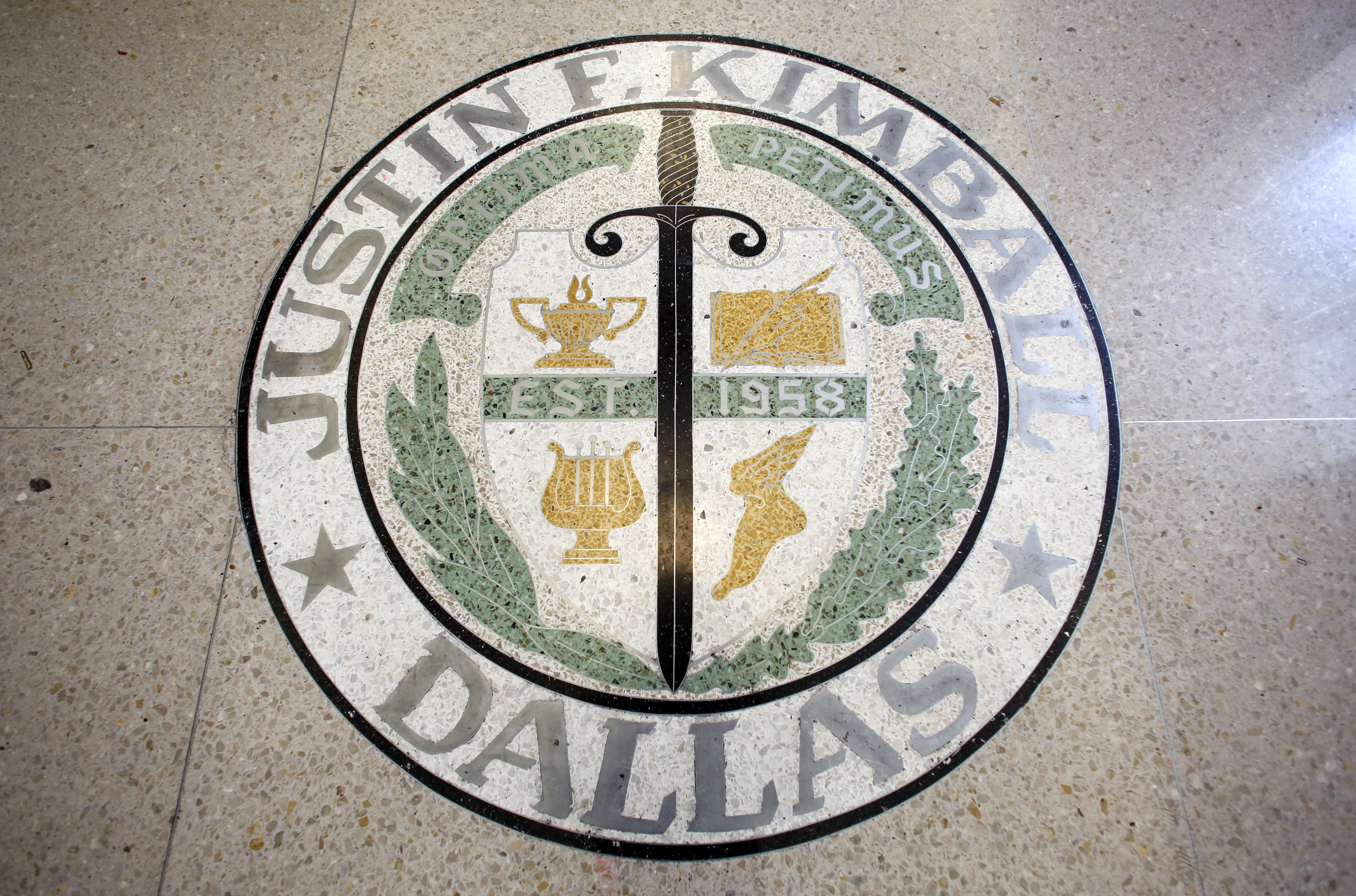 The seal in the lobby that was given to the school by Margie Horton's graduating class in 1961 at Kimball High School in Dallas. Photographed on Friday, January 20, 2017. (photo © Lara Solt)