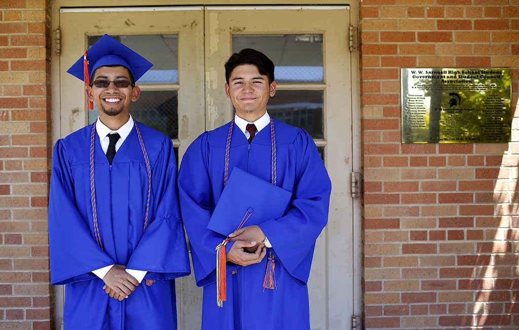 Joel Luera, with his friend Steve, who unexpectedly recognized him during a Gratitude Ceremony at Samuel Early College High School in Dallas, Texas on Saturday, May 6, 2017. (photo © Lara Solt)